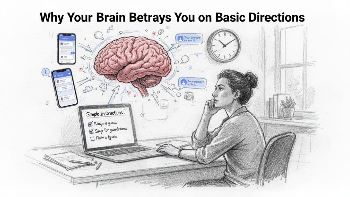 Hand-drawn sketch of a brain distracted by phone notifications and clock, pulling focus from simple instructions on a desk, person looking away in office setting.