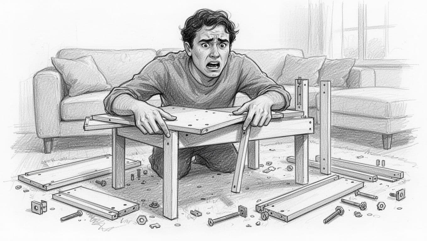 Hand-drawn sketch of a person struggling to assemble a flat-pack IKEA table, focusing on hands with mismatched pieces and scattered parts in a living room, capturing frustration from incorrect assembly.