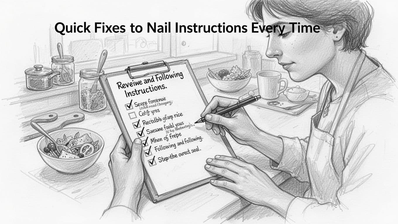 Hand-drawn sketch of a calm, focused person checking off a checklist while following step-by-step recipe instructions in a kitchen setting, wide shot on clean white background.